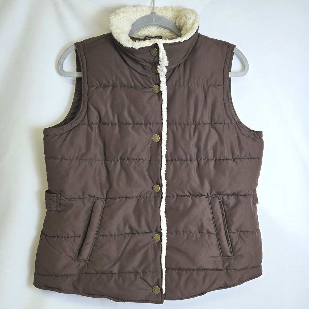 Maurices Sherpa Lined Quilted Puffer Vest Brown Snap Closure Pockets Large